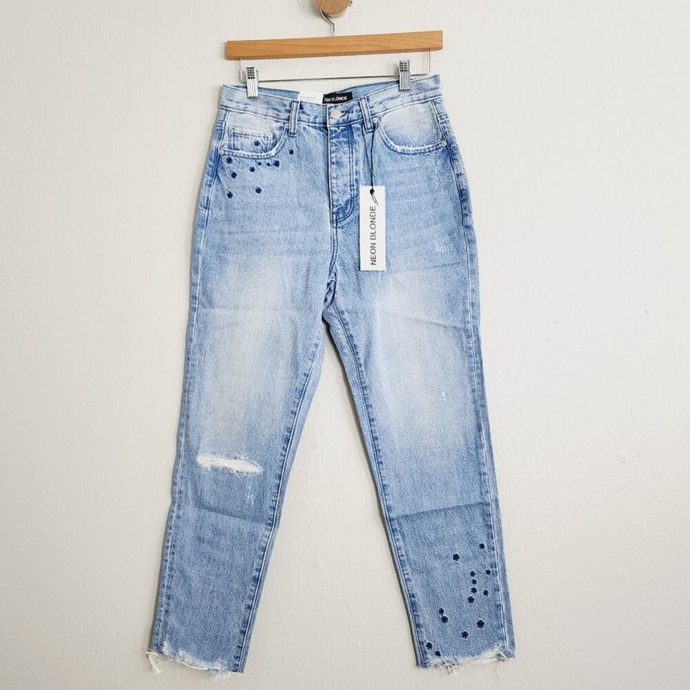 NWT Neon Blonde Siren Starstruck Straight Jeans 27 Star Embroidered Raw Hem